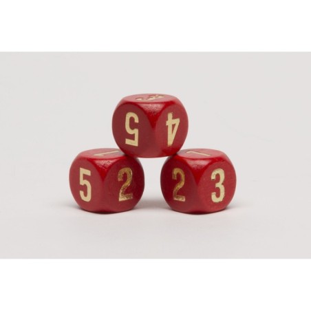 Dado d6 16mm legno rosso numeri arabi (1-2-3-3-4-5)